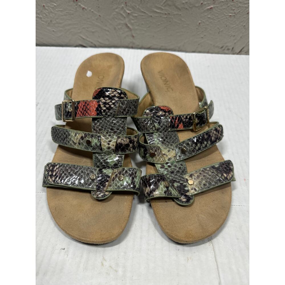 Vionic Amber Sandals 381Radia Snakeskin Green Patent Leather Slip On Size 8‎